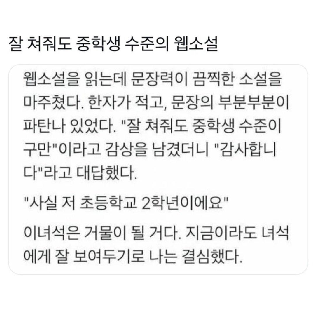 "잘 쳐줘도 중학생 수준의 웹소설".JPG