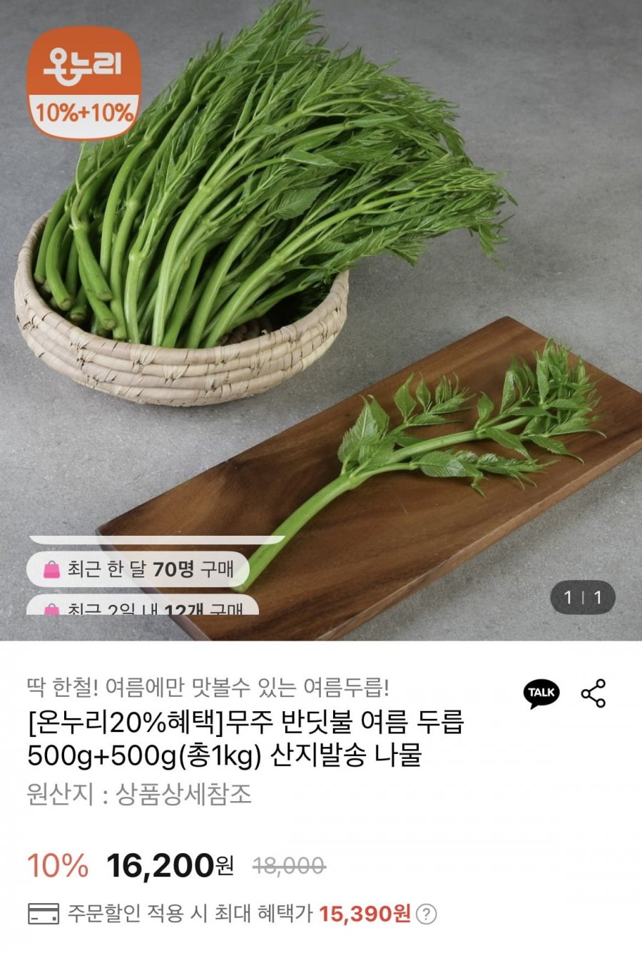 [롯데온] 반딧불 여름 두릅 500g+500g 총1kg (15,390원/무료)3