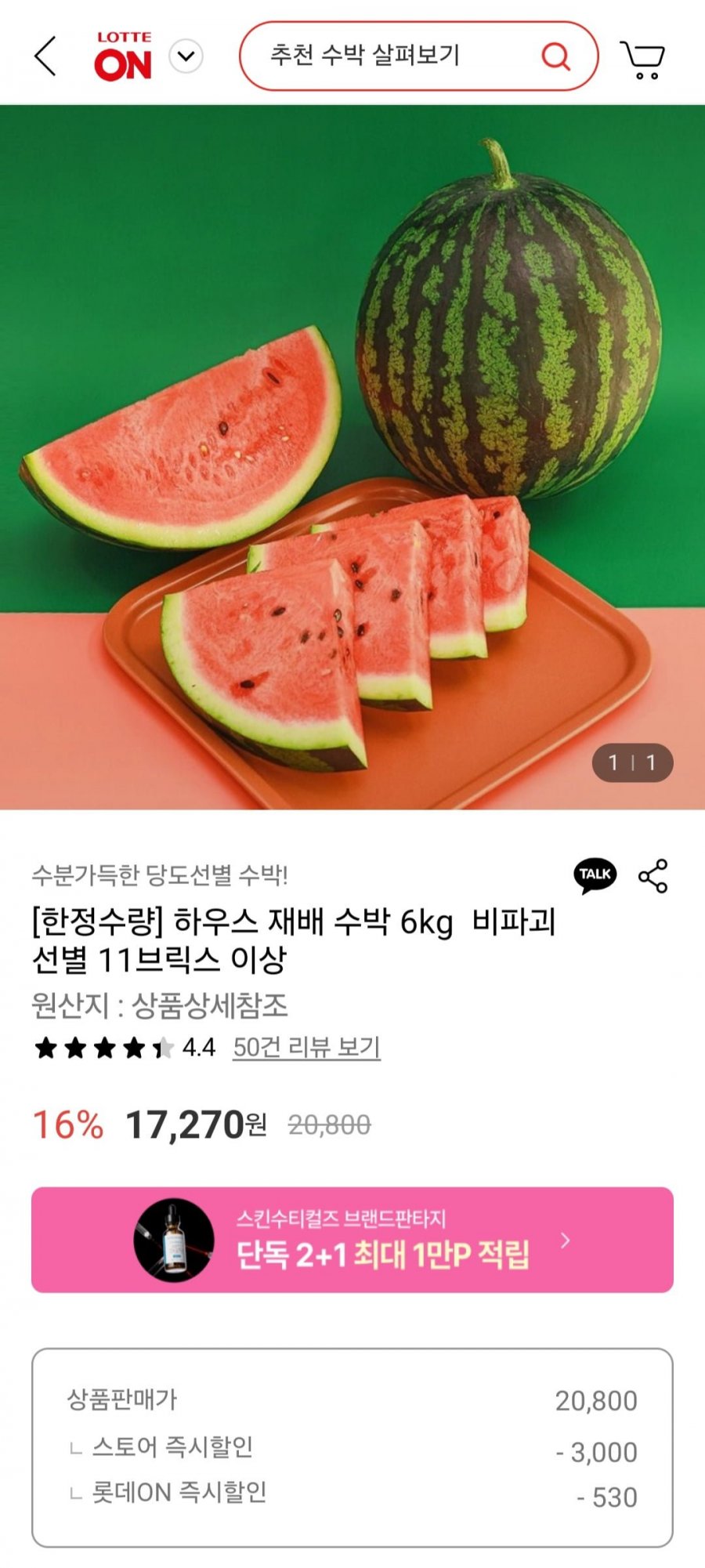 [롯데온] 하우스 재배 수박 6kg 11브릭스 이상 (17,270원/무료)2
