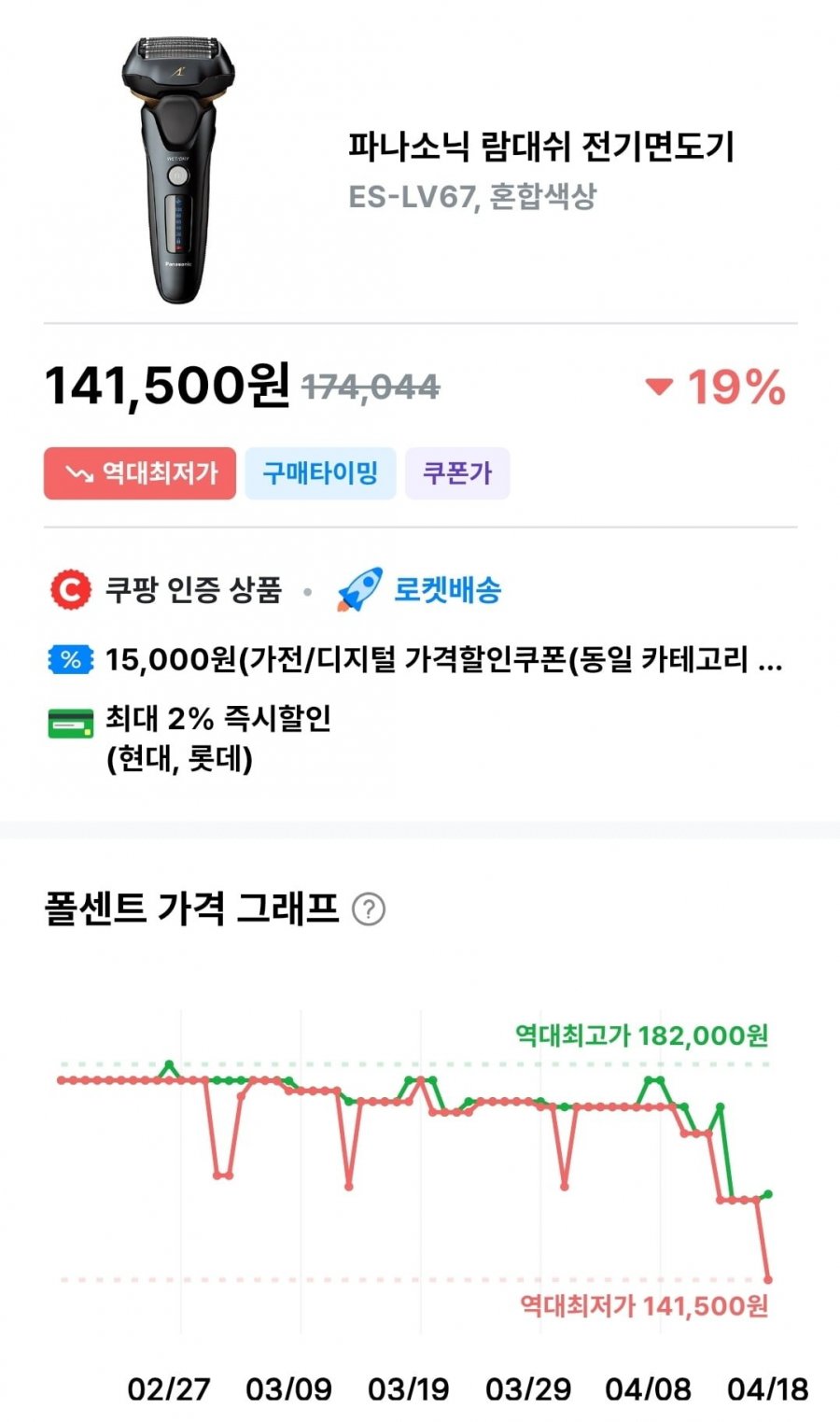 [쿠팡] 파나소닉 람대쉬 전기면도기 ES-LV67 (156,500원/무료)40