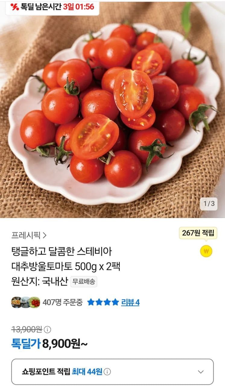 [카카오]스테비아 대추방울 토마토500g 2팩 4팩(8900원/무배)