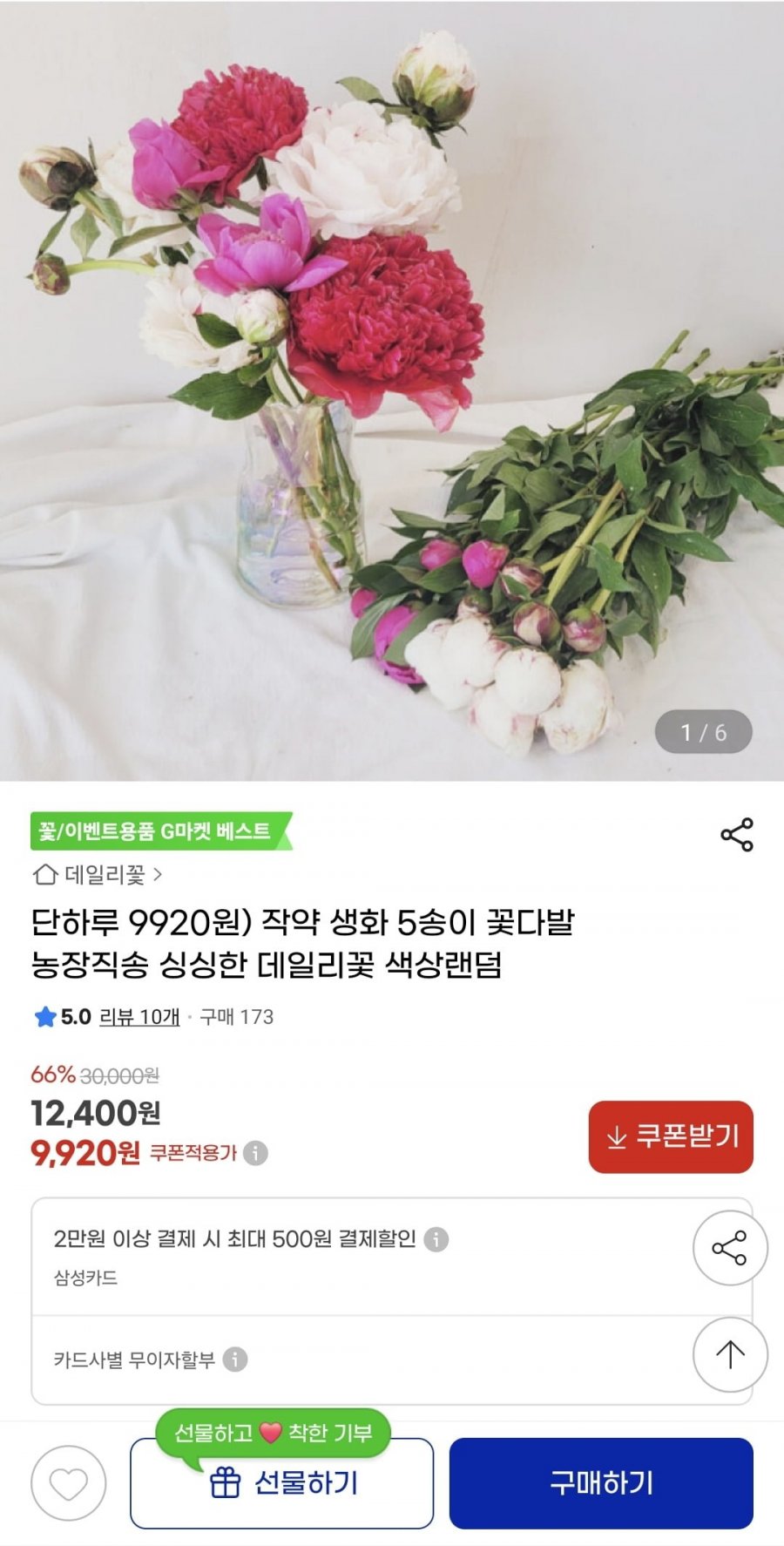 [지마켓] 작약 생화 5송이 (9,920원/무료)6