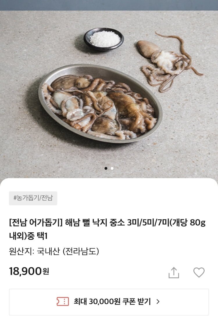 [카카오메이커스] 해남 뻘낙지 중소 3미 (17,010원/무배)