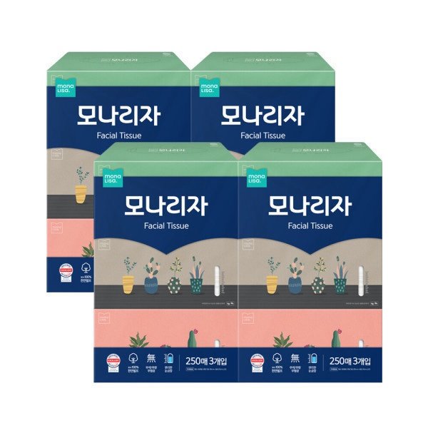 [옥션] 모나리자 미용티슈 250매 3입 4개 천연펄프 총12개입 (유클 13,880원/무배)2
