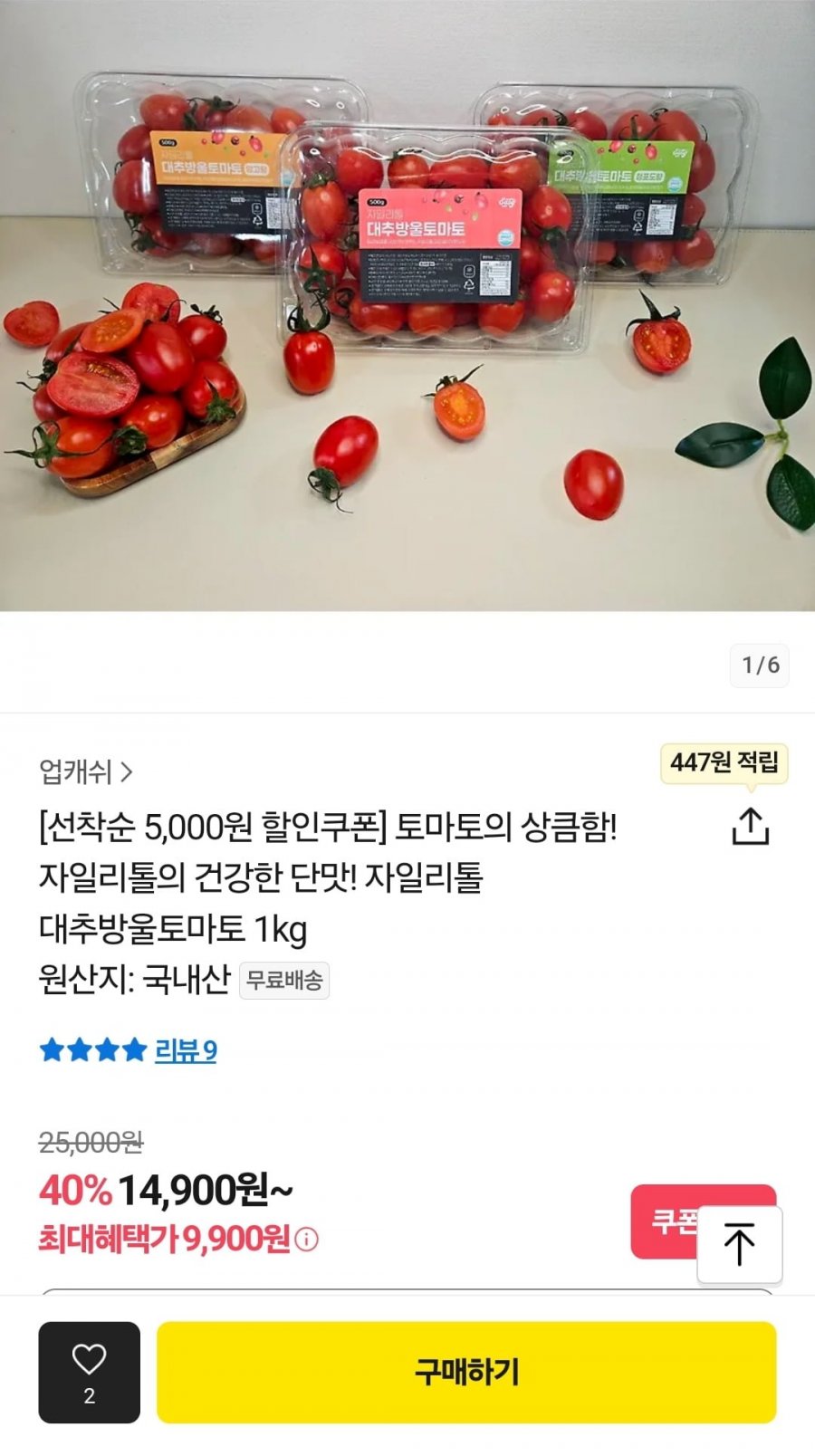 [톡딜] 자일리톨 대추방울토마토 1kg (9,900원/무료)3