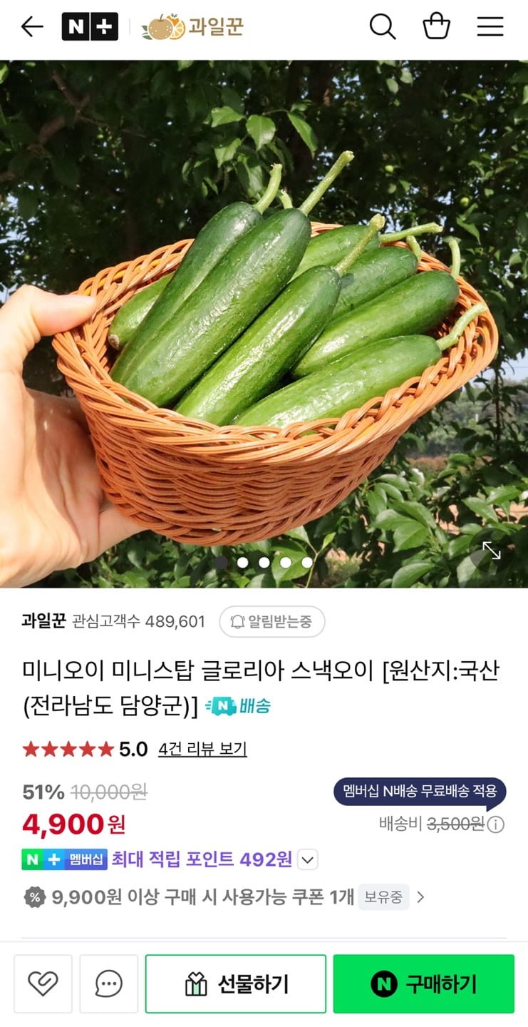 [네이버] 미니오이 1kg (4,900원/네이버멤버십 무배)19